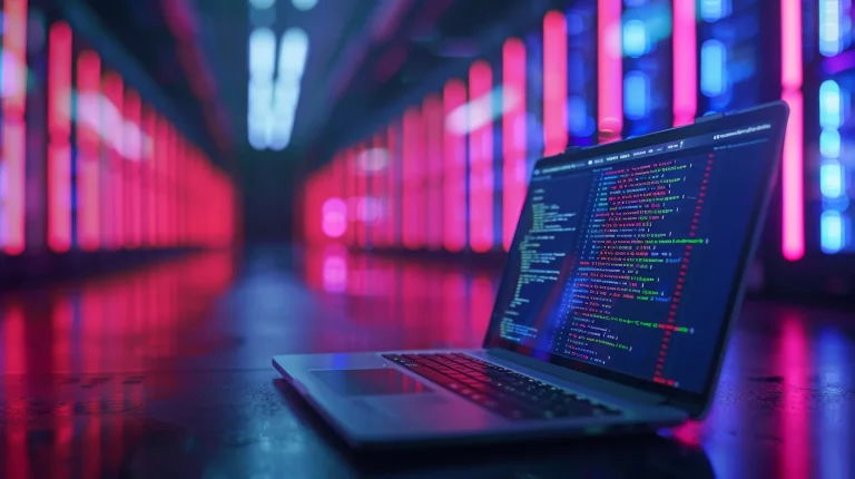 Laptop displaying code in a futuristic corridor lit red and blue