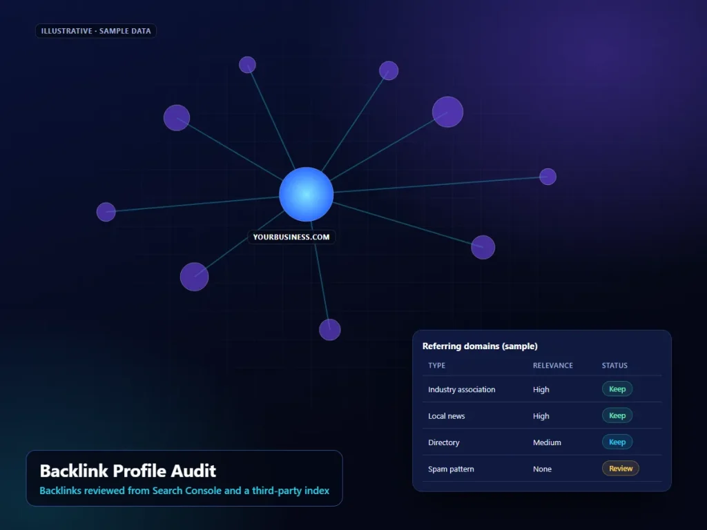 Backlink Profile Audit: illustrative backlinks interface (sample content)