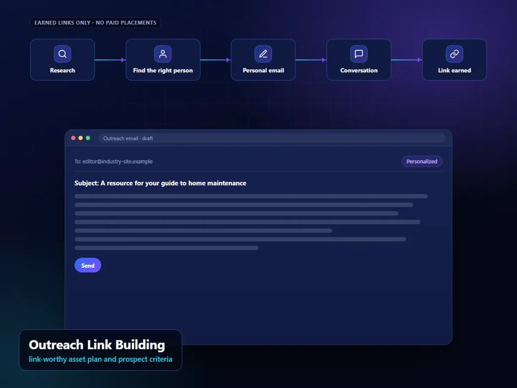 Outreach Link Building: illustrative outreach interface (sample content)