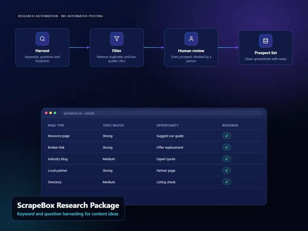 ScrapeBox Research Package: illustrative scrapebox interface (sample content)