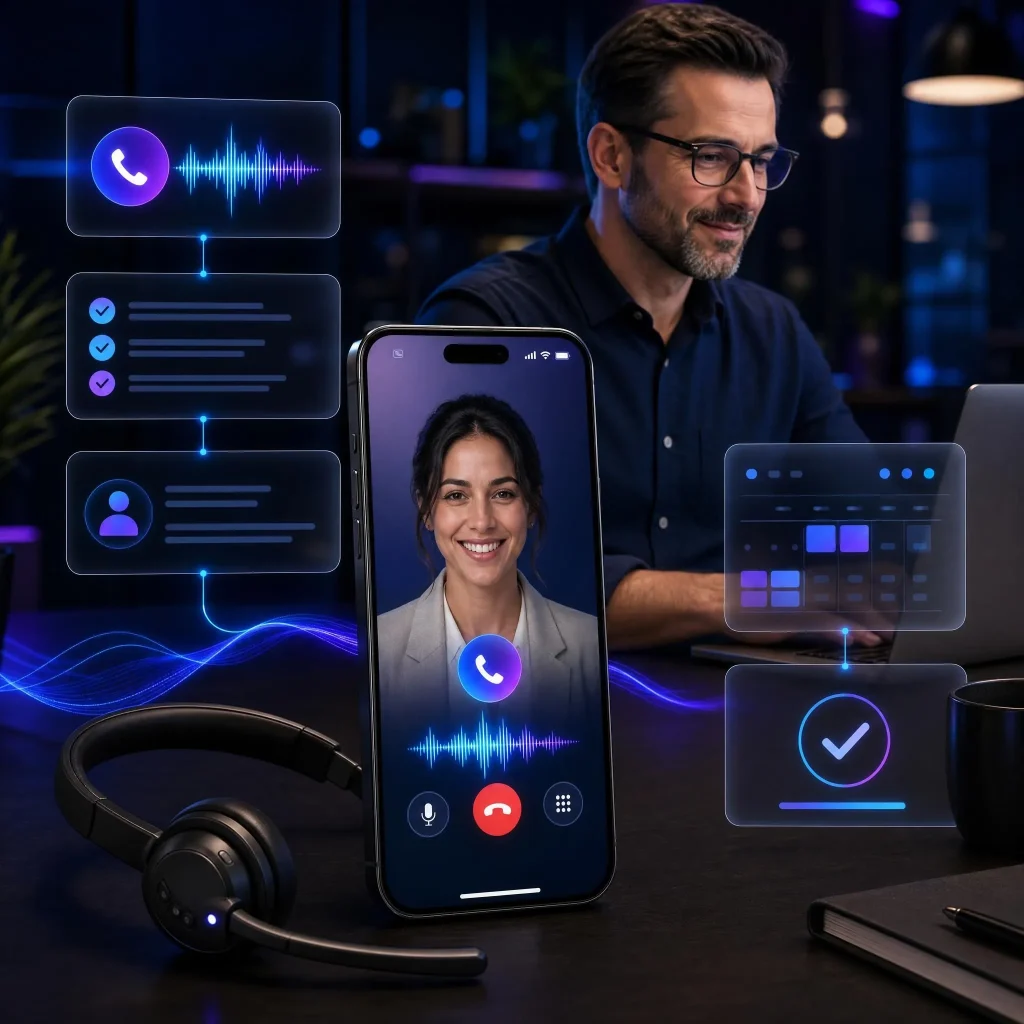 Man at a laptop beside a phone showing a video call with a woman and a headset