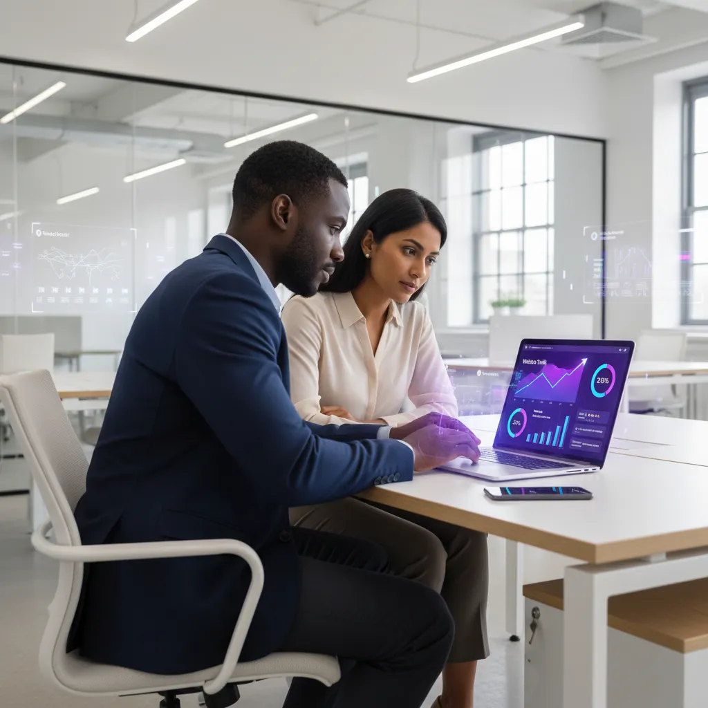 Man and woman reviewing a dashboard on a laptop in a white office