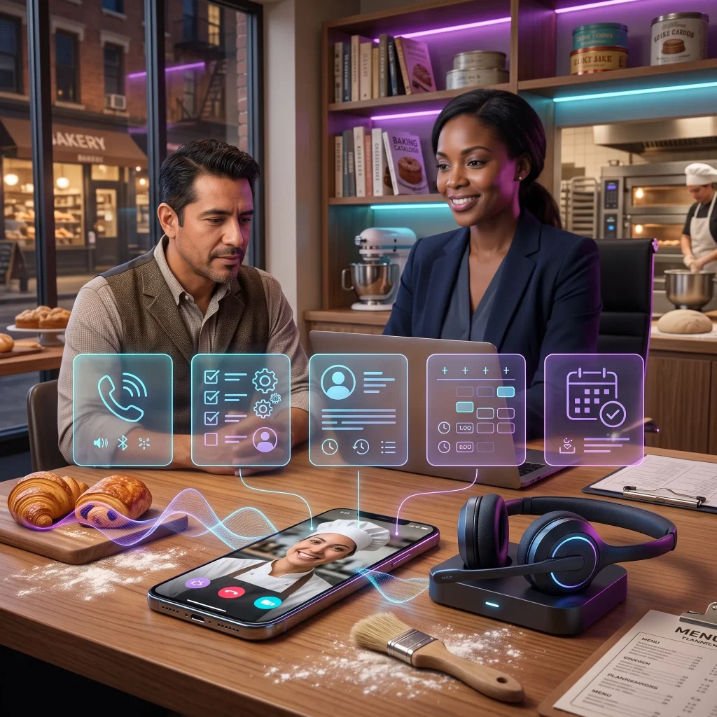Bakery owners with a phone and headset beside floating booking panels over pastries