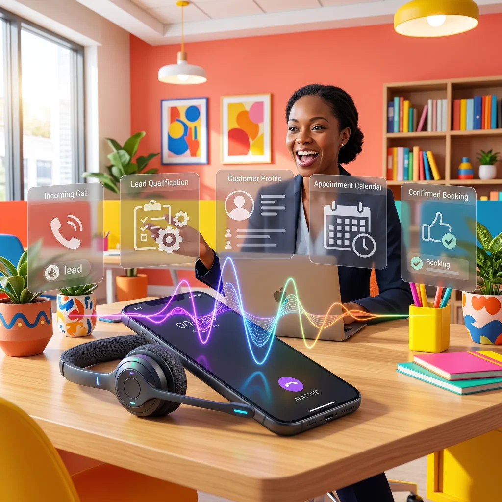 Smiling woman in a colorful shop with floating panels, phone and headset on the counter
