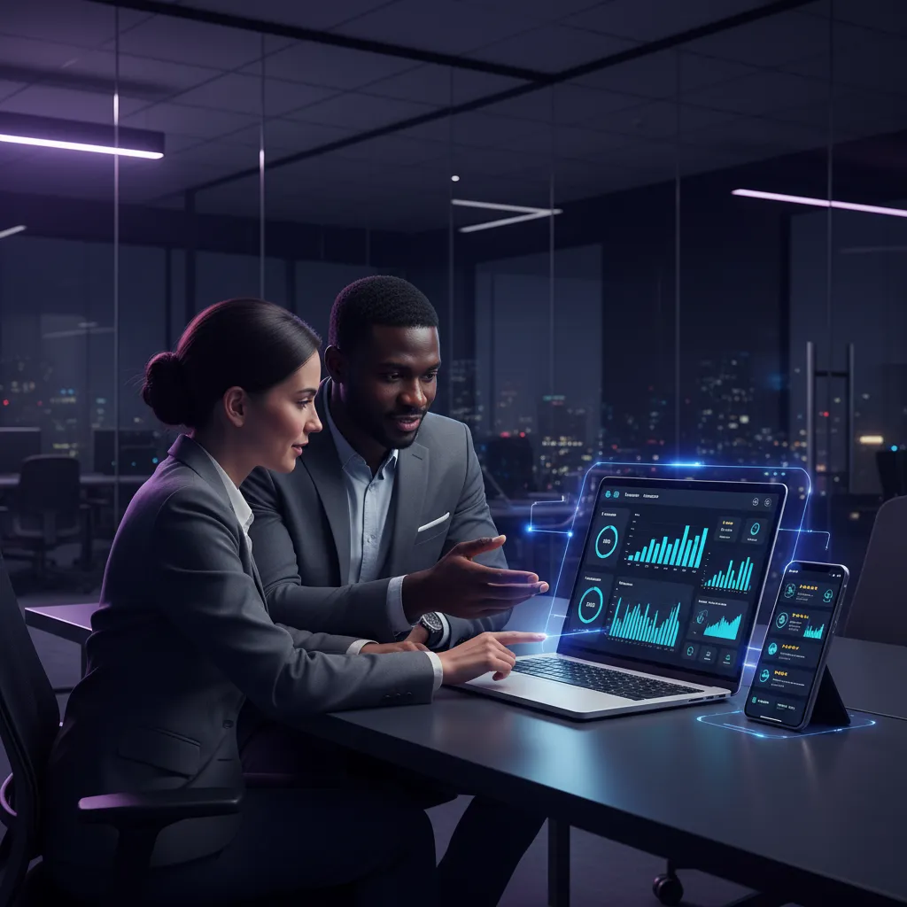 Woman and man reviewing analytics on a laptop in a dark office
