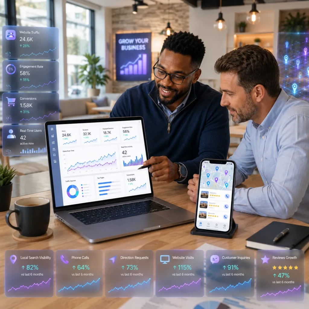 Two men reviewing a laptop dashboard and phone with floating stats in a cafe office