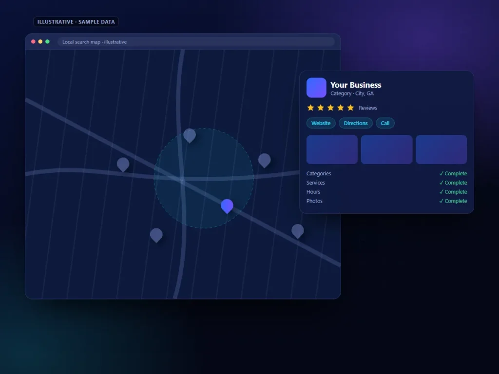Illustrative local search map and business profile