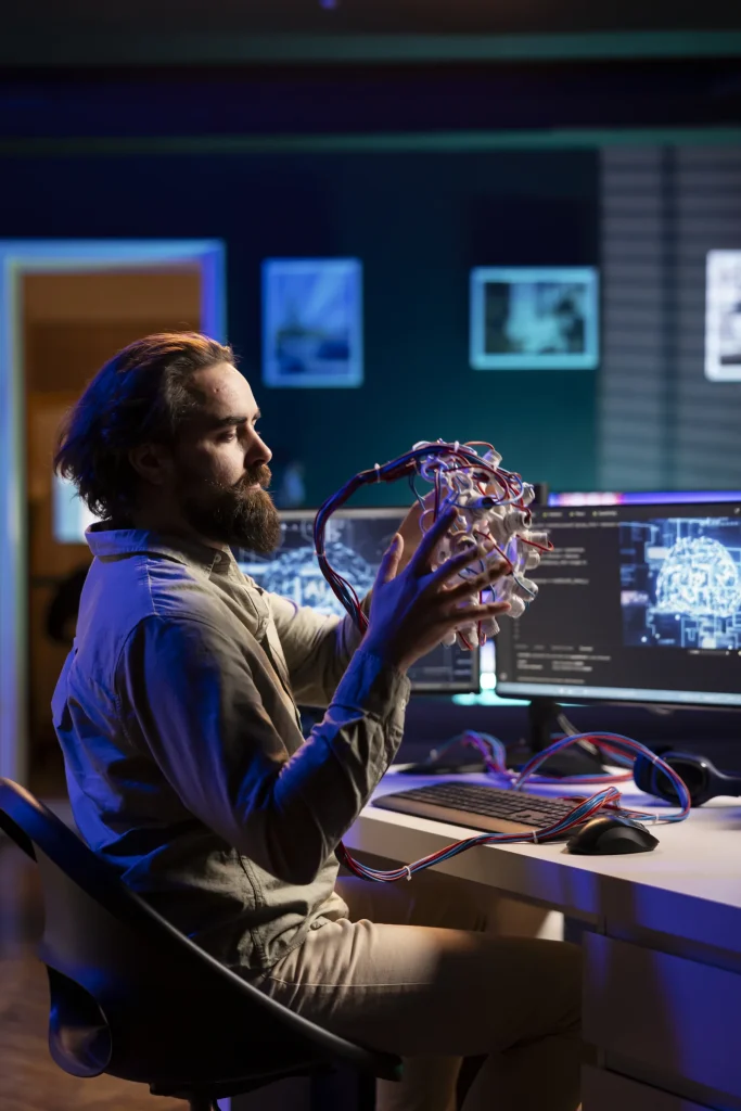 Man holding a model brain at a desk surrounded by screens of code