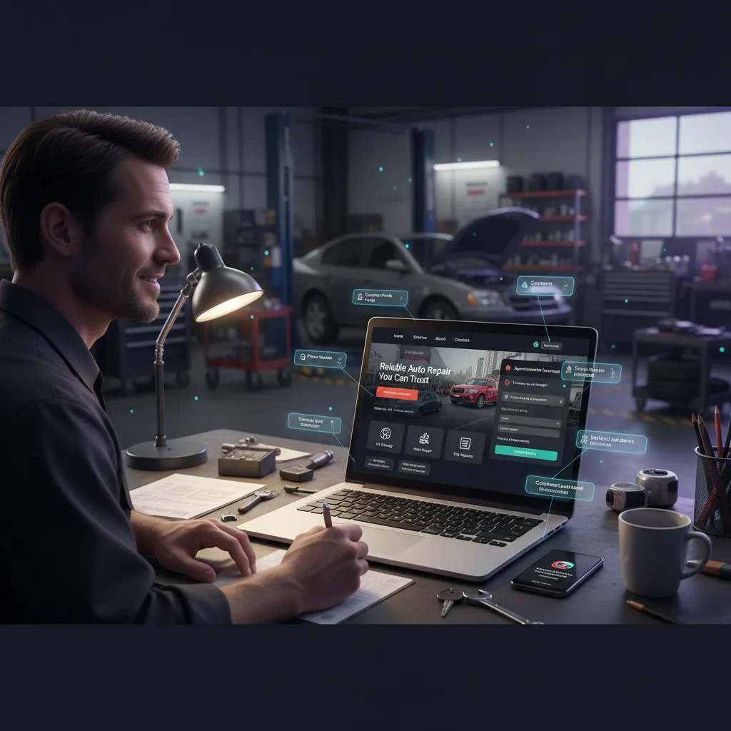 Man at a laptop taking notes in a dimly lit auto repair garage