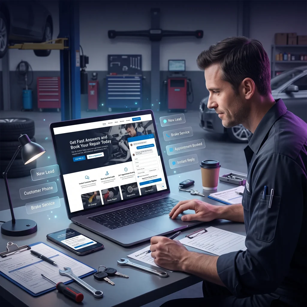 Mechanic at a laptop reviewing an auto repair website in a garage