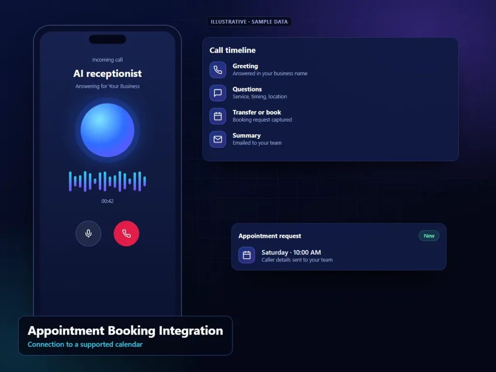 Appointment Booking Integration: illustrative phone interface (sample content)