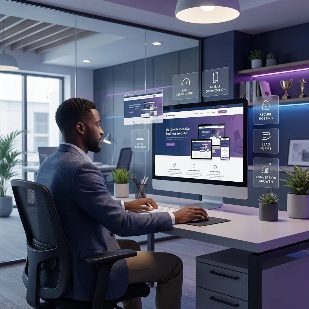 Man at a desk with a large monitor showing a website and floating panels