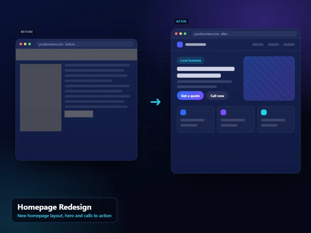 Homepage Redesign: illustrative redesign interface (sample content)