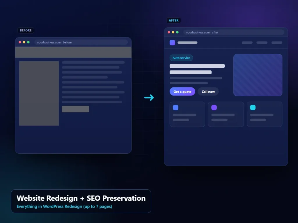 Website Redesign + SEO Preservation: illustrative redesign interface (sample content)
