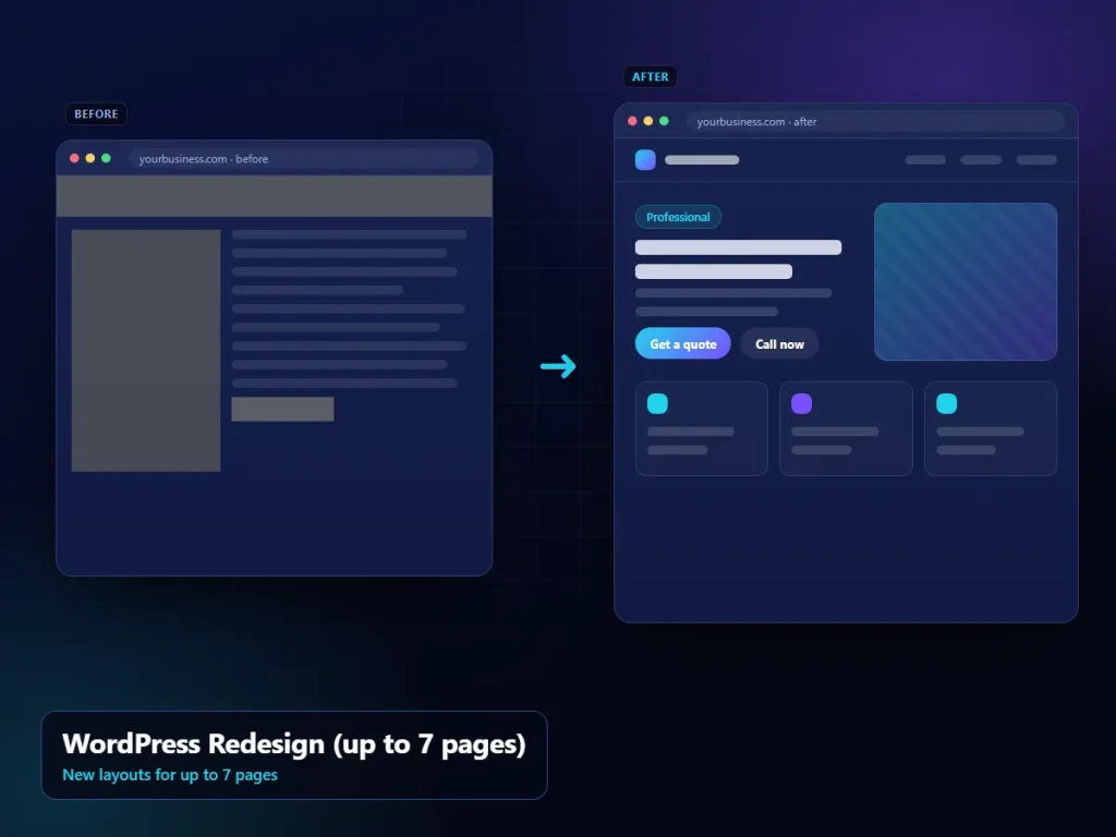WordPress Redesign (up to 7 pages): illustrative redesign interface (sample content)