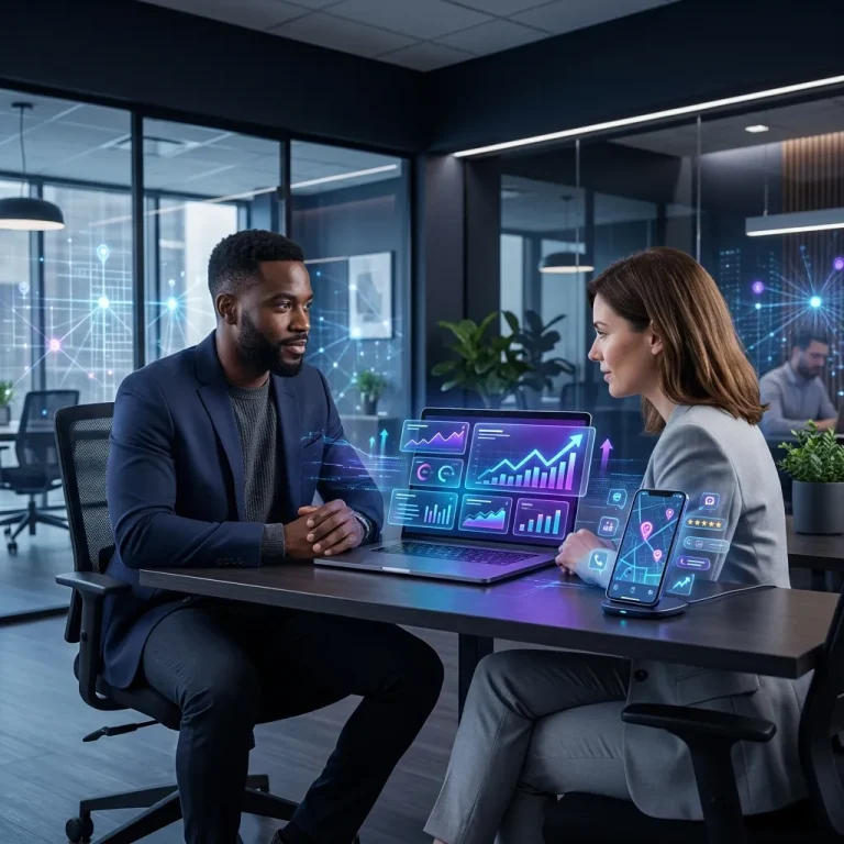 Man and woman at a desk with a laptop and holographic charts in a dark office