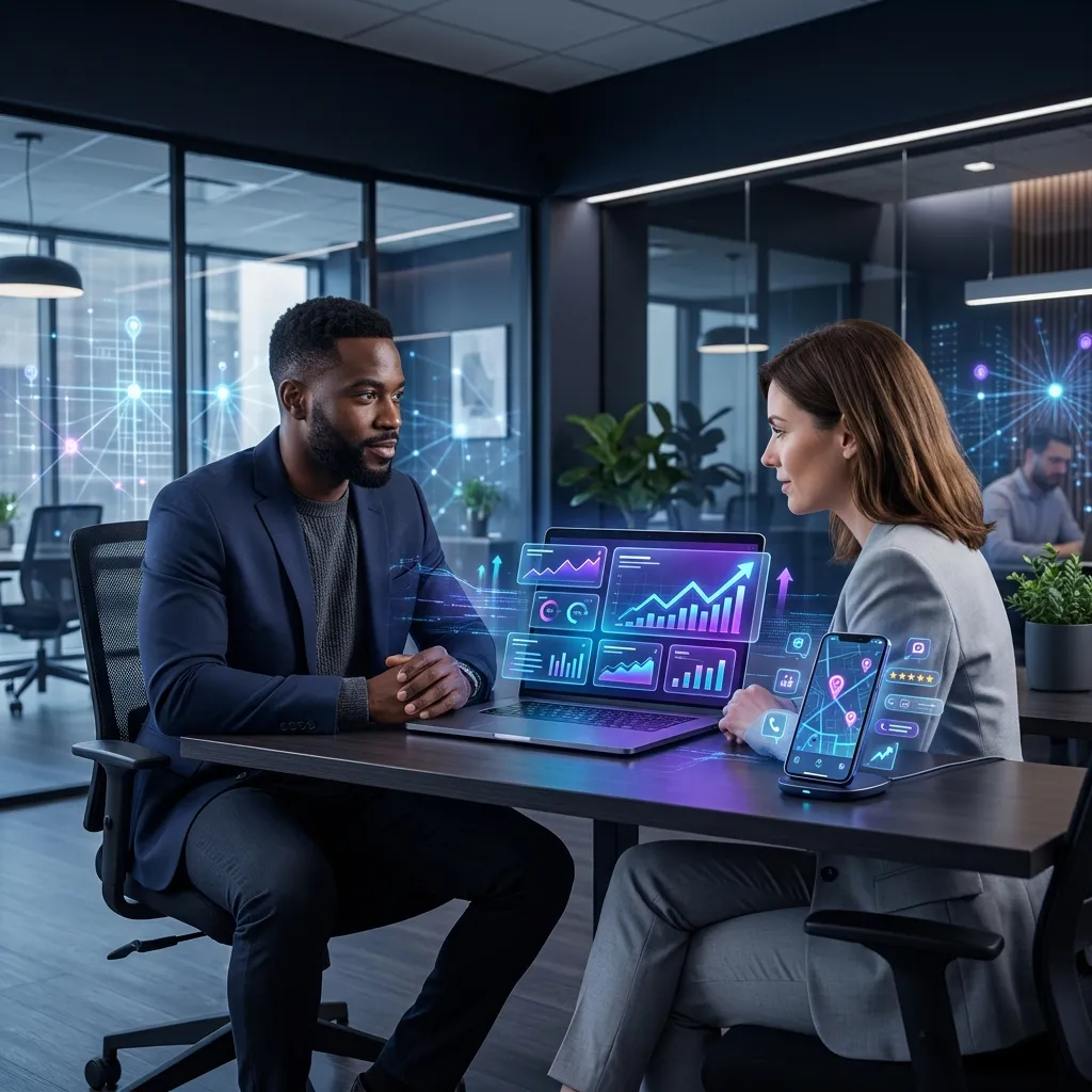 Man and woman at a desk with a laptop and holographic charts in a dark office
