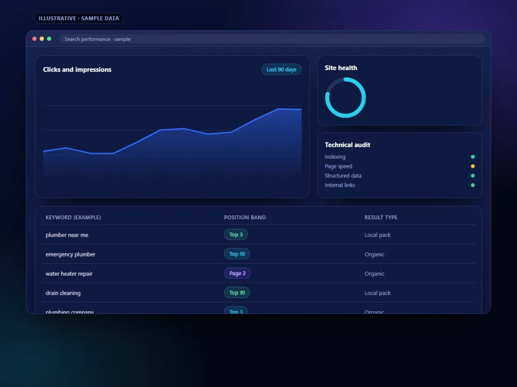 Illustrative search analytics dashboard with sample keyword data