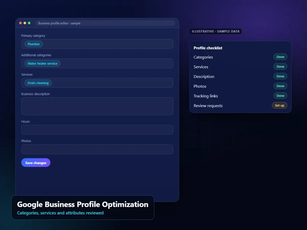 Google Business Profile Optimization: illustrative gbp interface (sample content)