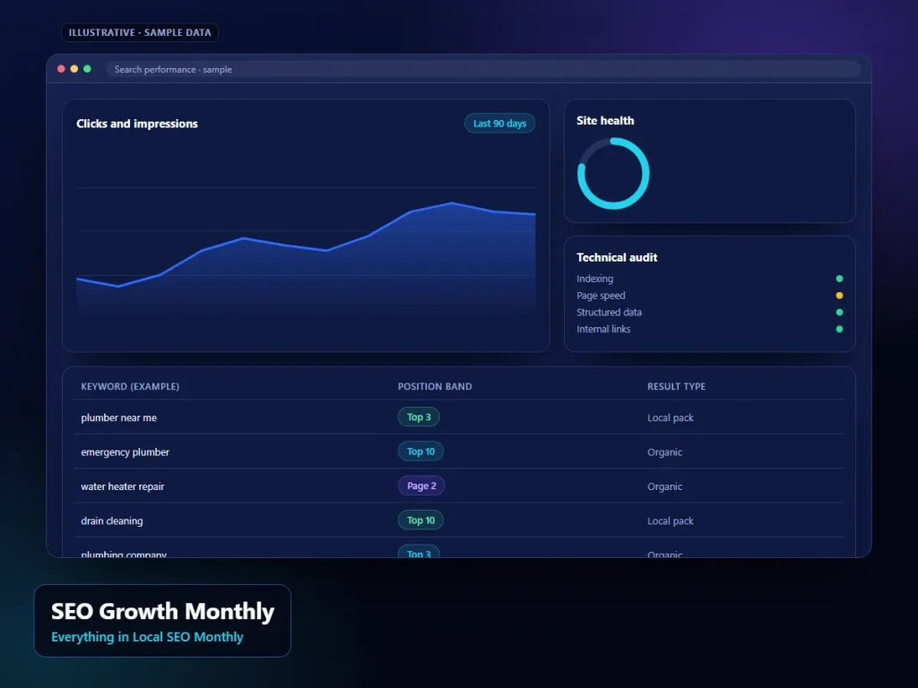 SEO Growth Monthly: illustrative seo interface (sample content)