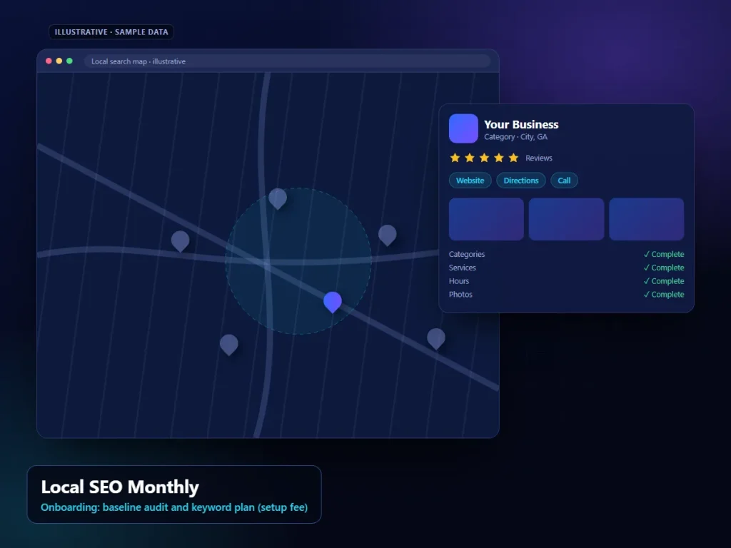 Local SEO Monthly: illustrative local interface (sample content)