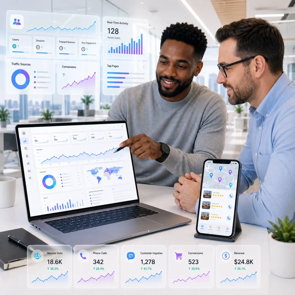 Two men reviewing a laptop dashboard and phone with floating stats in a bright office