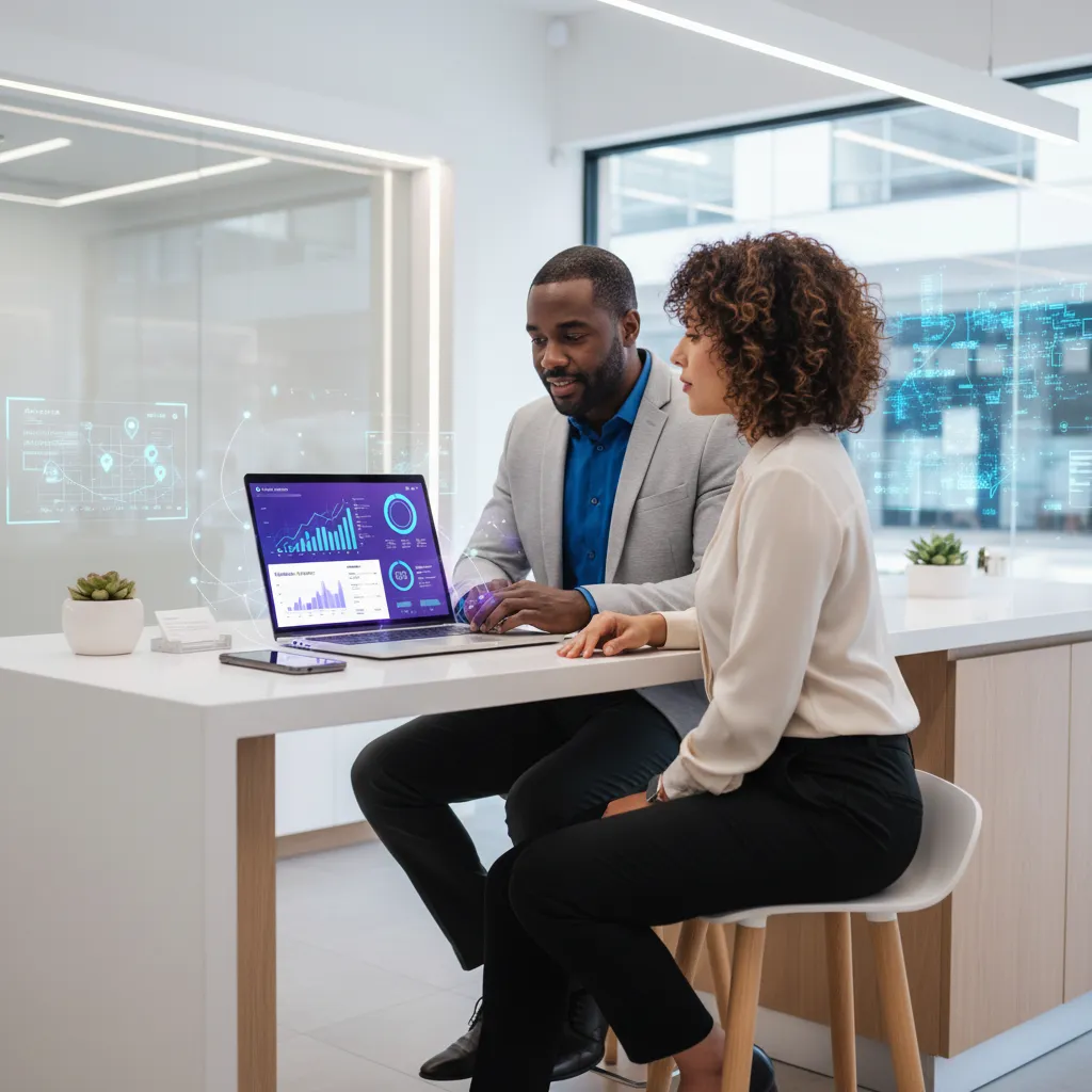 Man and woman at a white desk reviewing a dashboard on a laptop