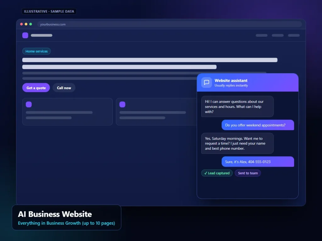 AI Business Website: illustrative chatbot interface (sample content)