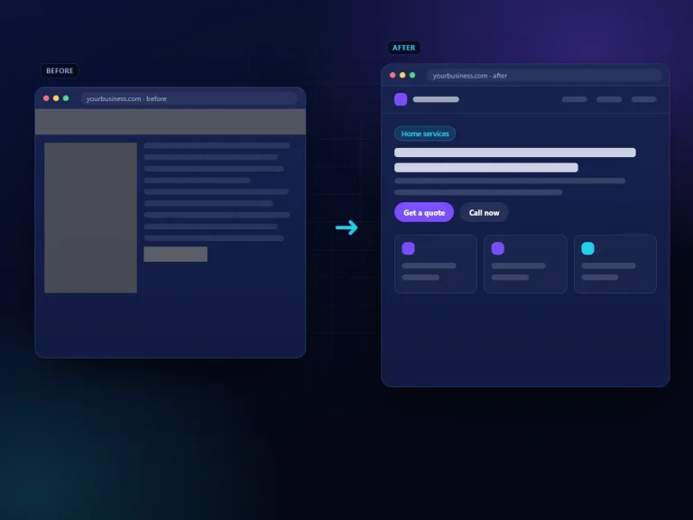 Illustrative website before and after conversion fixes, with a clear headline and Get a quote and Call now buttons