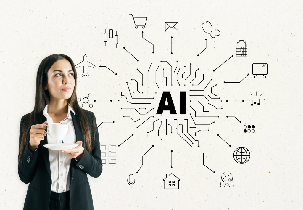 Woman holding coffee beside a sketched AI circuit with technology icons